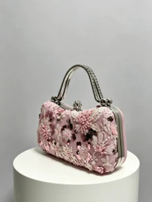1件粉色重裝飾珠片花卉手拿晚宴包，3D花卉刺繡，金屬手柄扣包，婚禮宴會派對禮服搭配，浪漫氛圍手提包（隨機花紋） - 粉色 - 查看 5