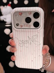 1pc Light Pink Vertical Stripe Silver Foil Angel Wings Glitter Star Full Coverage Shockproof Glossy Phone Case, Compatible With IPhone18/18Pro/18ProMax/17/17Pro/17ProMax/16/16Pro/16Plus/16ProMax/15/15Pro/15ProMax/14/14Pro/14ProMax/13/13Pro/13ProMax - Pink - View 3