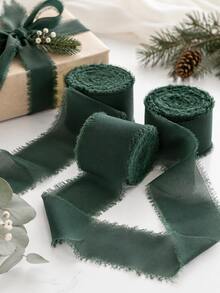 3 Rolls Deep Green Chiffon Ribbon Set, 1.5 Inch X 21 Yards Per Roll, Frayed Edge Fabric Ribbon, Suitable For Wedding Bouquets, Bridal Shower, Birthday Party, Gift Wrapping, Invitations, Table Decor And DIY Crafts - Dark Green - View 4