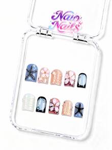 NAIO 10pcs Y2K Handmade Press-On Nails, Nude Blue Gradient French Tip, Starfish Shell 3D Flower Twisted Pearl Rhinestone Hand-Painted Nail Art, Fresh Ocean Beach Summer Style, Suitable For Daily Wear And Parties, 3 Sizes, Coffin/Almond/Short Square Fake Nails - Multicolor - View 3