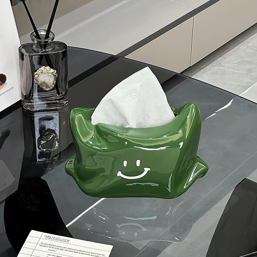 1pc Smiling Face Ceramic Tissue Box, Asymmetrical Wrinkled Artistic Design Decorative Tissue Holder, Modern Cute Napkin Storage Box, Suitable For Living Room Coffee Table Home Desktop Decor - Multicolor - View 1