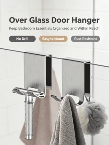Clamp-On No Drill Bathroom Glass Door Hook, Over-Glass Shower Hanger, Multi-Purpose Shower Partition Hook For Hanging Razor, Towel, Bath Sponge, Sturdy Space Saving, Easy Install, No Damage, Adjustable Clamp For Frameless Shower Door - Multicolor - View 3