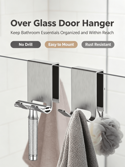 Clamp‑On No Drill Bathroom Hanger, Bathroom Glass Door Hook, No Drill Over‑Glass Shower Hanger, Multi‑Purpose Shower Partition Hook For Hanging Razor, Towel, Bath Sponge