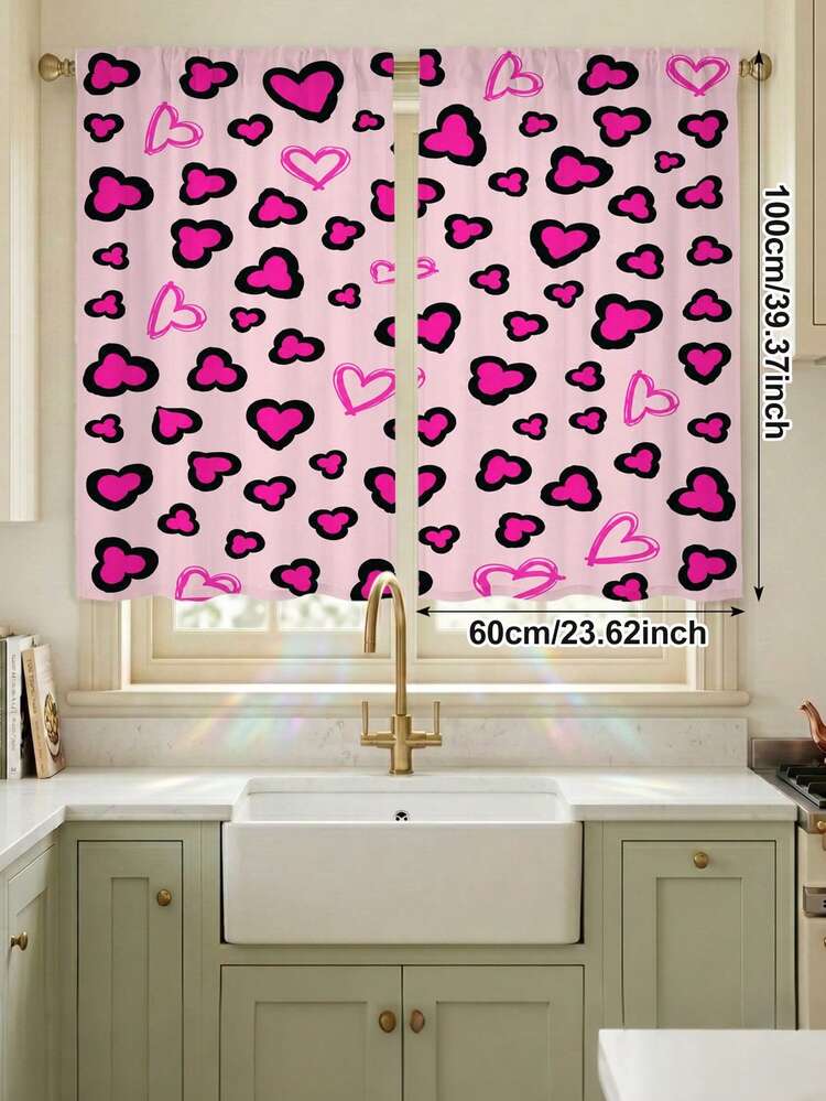 2PCS Pink Heart Print Curtains, Romantic Heart Pattern Rod Pocket Curtains, Home Decor Semi-Sheer Curtains, Suitable For Bedroom, Living Room, Home Window Decoration - Multicolor - View 17