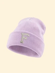1pc Unisex Outdoor Warm Solid Color Ribbed Knit Beanie With A-Z Letter, Elastic Comfortable Versatile Autumn/Winter Headwear, Suitable For Casual City Outings - Purple - View 34