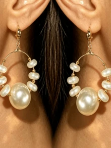 2pcs Bohemian Faux Pearl Beaded Metal Resin Large Hoop Earrings Studs For Women Party Daily Vacation Matching - White - View 3
