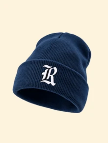 1pc Unisex Outdoor Warm Solid Color Ribbed Knitted Beanie Hat With Gothic A‑Z Letter Print,Edgy Cozy Versatile Fall Winter Headwear For Concert Events - Navy Blue - View 18