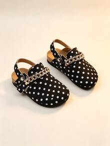 1 Pair Kids Polka Dot Canvas Buckle Half-Slingback Sandals, Adjustable Gold Rhinestone Chain Snap Strap, Anti-Slip Cork Sole, Versatile Casual Shoes For Home And Outdoor, Fashionable Dual-Use, Can Be Worn As Sandals Or Slippers - White - View 1