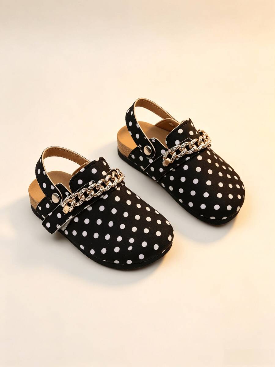 1 Pair Kids Polka Dot Canvas Buckle Half-Slingback Sandals, Adjustable Gold Rhinestone Chain Snap Strap, Anti-Slip Cork Sole, Versatile Casual Shoes For Home And Outdoor, Fashionable Dual-Use, Can Be Worn As Sandals Or Slippers - White - View 1