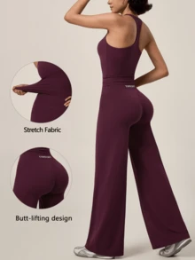 TimeOff Women's One Set Solid Color Racerback Removable Padded Camisole High Waist Wide Leg Pants Sports Set - Purple - View 11