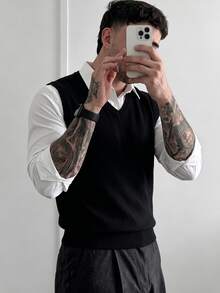 Men's Casual Classic V-Neck Knit Sweater Vest, Suitable For All Seasons - Black - View 8
