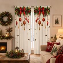 2PCS Red‑Gold Christmas Ornaments And Bows Print Light Sheer Curtains, Semi-Sheer For Privacy Protection. Easy Rod Pocket Installation,Fade-Resistant After Washing, Lightweight And Washable. Ideal For Home, Room And Kitchen Decor & Space Dividers. - Multicolor - View 8