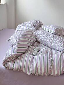 3pcs Japanese Minimalist Purple Striped Print Bedding Set 2 Pillowcases + 1 Duvet Cover Set Combination - Seeking Love Stripes - Purple - View 6