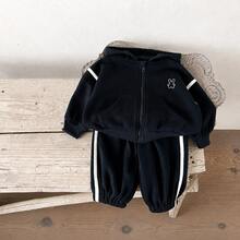 2pcs/Set Unisex Baby Toddler Casual Hooded Zip-Up Rabbit Embroidered Sweatshirt Set, Knitted Fabric, Spring/Autumn - Royal Blue - View 5