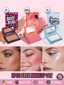 Misslyn 3Pcs Face Makeup Set Bronzer Blush Highlighter Palette Shimmer Glow Halal Long Lasting Contour Kit For Women Buildable Natural Finish Matte Shimmer Powder Travel Cosmetic Gift Boss Babe Juicy Curves Shaping Queen,Y2K Makeup - #4+#251+#1 - View 1