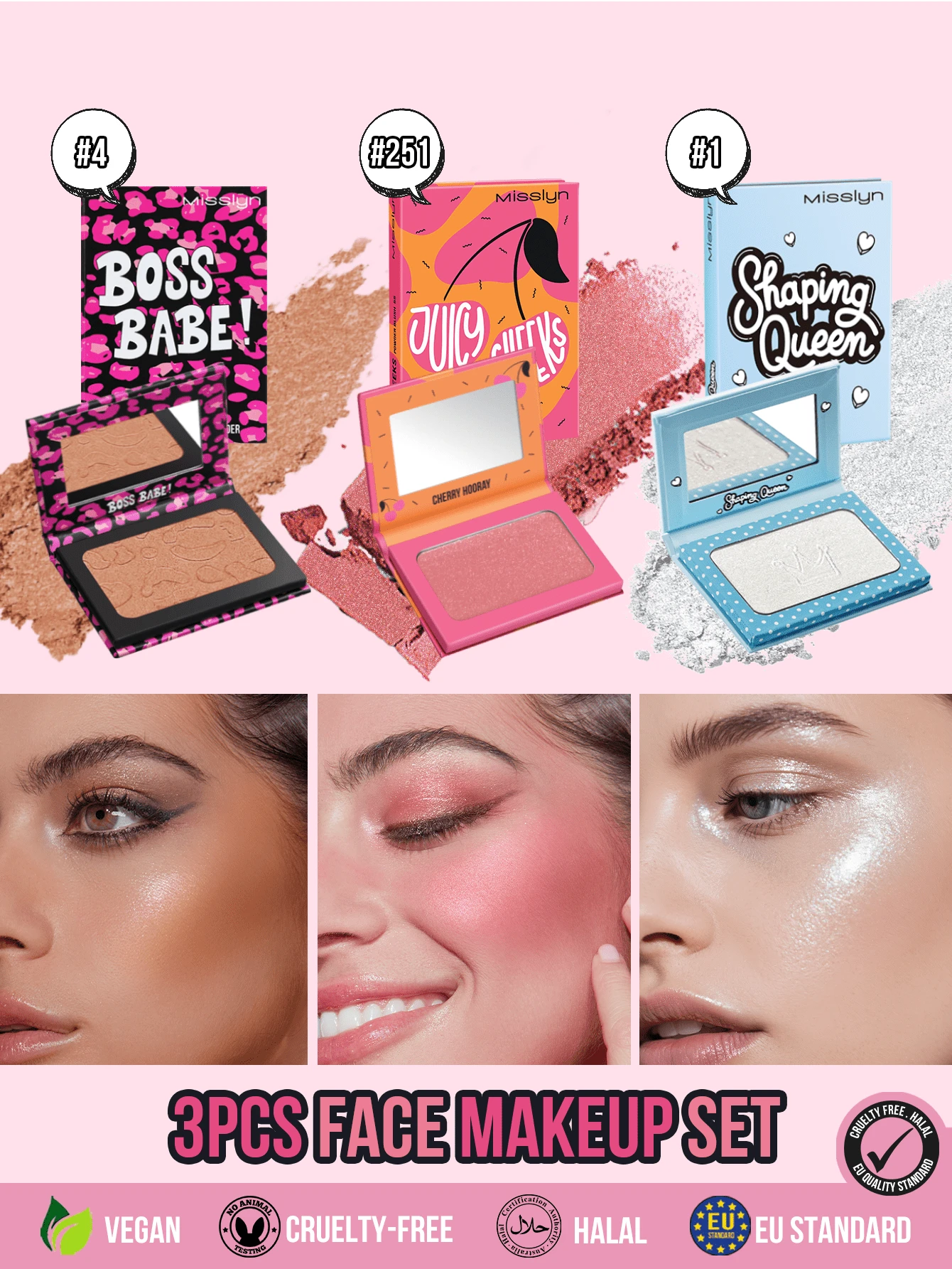 Misslyn 3Pcs Face Makeup Set Bronzer Blush Highlighter Palette Shimmer Glow Halal Long Lasting Contour Kit For Women Buildable Natural Finish Matte Shimmer Powder Travel Cosmetic Gift Boss Babe Juicy Curves Shaping Queen,Y2K Makeup - #4+#251+#1 - View 1