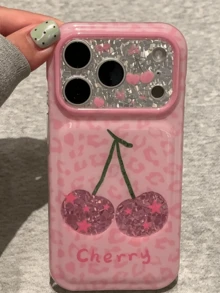 Girly Pink Leopard Print Diamond Pattern Cherry Phone Case Compatible With Apple 17 Pro Max 16 Pro New 15 Women 17 Pro Niche 15 Pro Full Coverage Anti-Drop Phone Cover - Pink - View 1