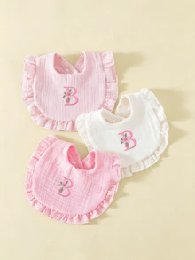 3pcs Soft Comfortable Pure Cotton Crepe 26 Letter Embroidered Ruffle Edge Cute Baby Bibs, Princess Style Lace Design, Suitable For All Seasons, Baby Feeding Drool Bibs - Multicolor - View 35