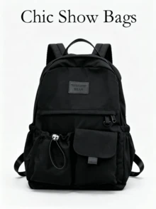 Pure Black Casual Backpack, Waterproof Nylon Fabric, Side Drawstring Pocket, Minimalist Style, Suitable For Teenagers Travel And Daily Use - Black - View 2