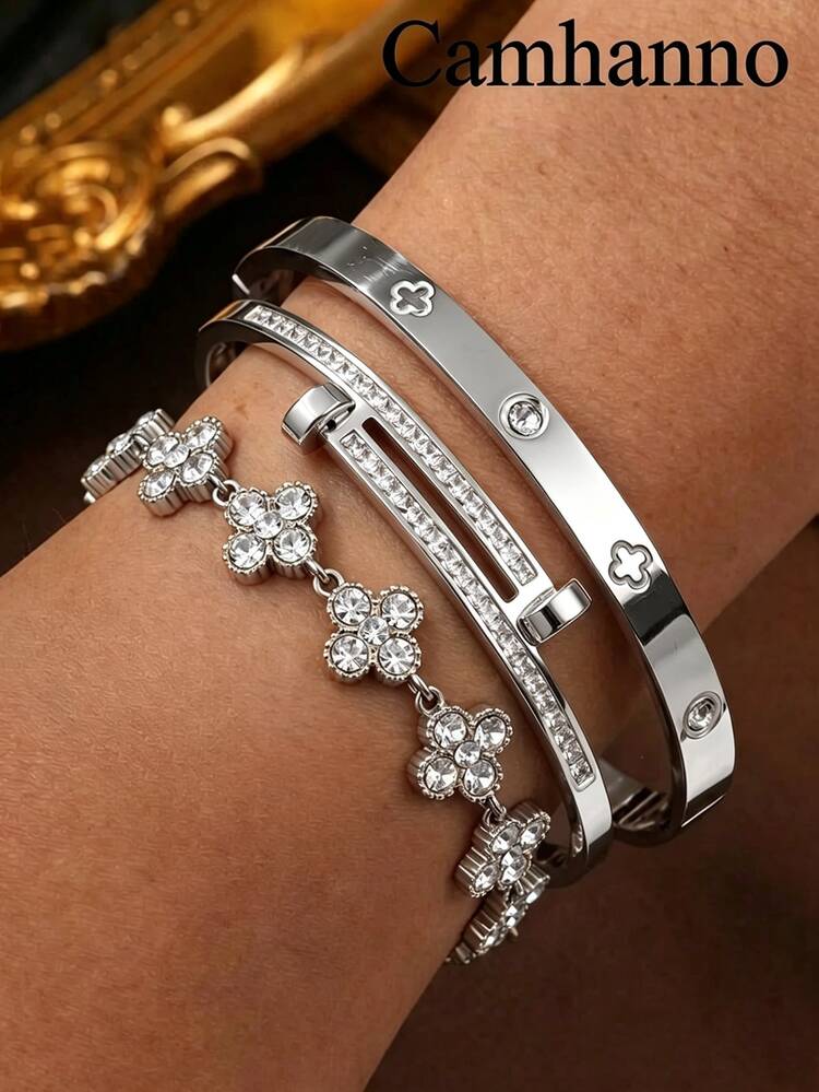 Camhanno 3pcs - Luxury Stainless Steel Clover Jewelry With Colorful Opening Bracelet Set With Waterproof And Non Fading Bracelet For Girls As Gift Accessories - White 2 - View 2