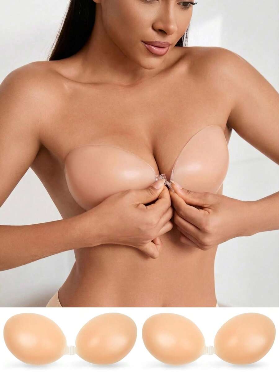 2/1pc Strapless Self-Adhesive Bra: Sexy Silicone Nipple Covers, Designed For Women. Strapless Style, Ideal For Wedding Photos. Suitable For All Breast Types, Including Small, Large, And Full. Ruched Design, Perfect For Wedding Photography. Summer Wear, Lightweight And Breathable, Invisible Nipple Cover Underwear. - Apricot - View 1