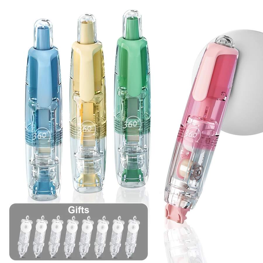 2Pcs 360° Rotatable Pen Style Correction Tape With Refills, Retractable White Out Tape, Portable Stationery For School Office, Smooth Clean Correction - A - View 1