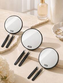 10x/15x/40x Magnifying Mirror With Tweezers And Suction Cup, High Magnification Makeup Mirror, Portable Mini Beauty Mirror, Pore Cleaning Tool Set, Bathroom Desktop Travel Essential Clear Vanity Mirror, Back To School Supplies - Multicolor - View 4