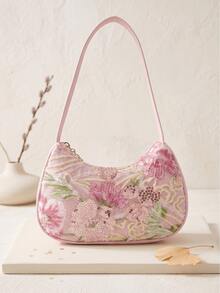 1pc Embroidered Floral Girl's Shoulder Bag, Casual Underarm Bag, Exquisite Fashion Handbag - Embroidered Floral - View 1