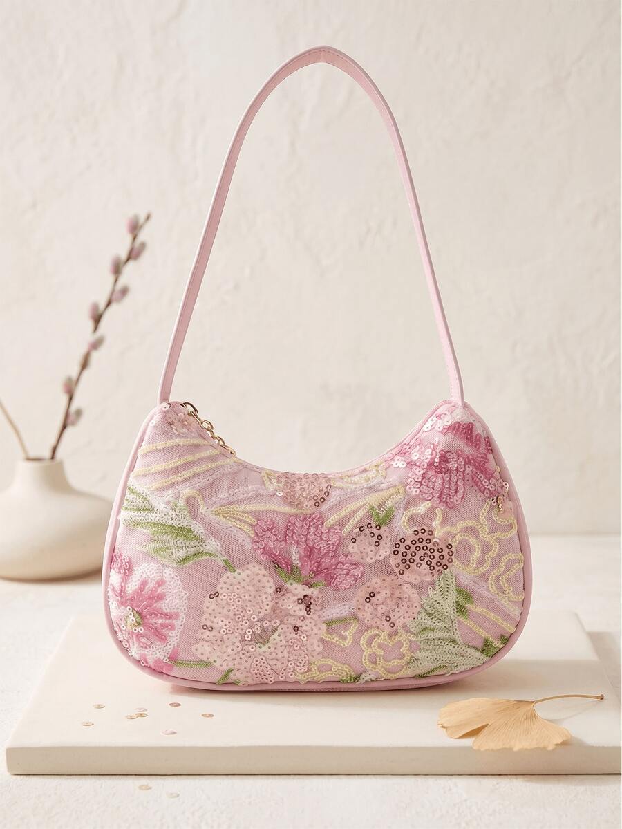 1pc Embroidered Floral Girl's Shoulder Bag, Casual Underarm Bag, Exquisite Fashion Handbag - Embroidered Floral - View 1