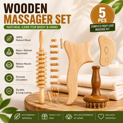 1PC/5pcs Wooden Massage Tool Set, Wooden Massage Roller Rope, Massage Stick And Board Tool Set, Men And Women Home Gift