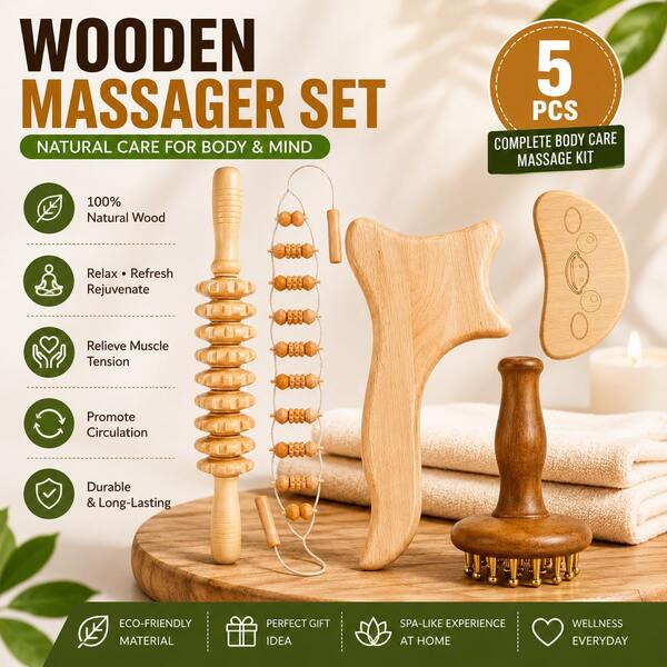 1PC/5Pcs Maderoterapia Wooden Body Sculpting Tools Set, Wood Roller Stick, Solid Wood Body Board, Copper Bead Wood Massager, Ideal Health Gift For Home Personal Care