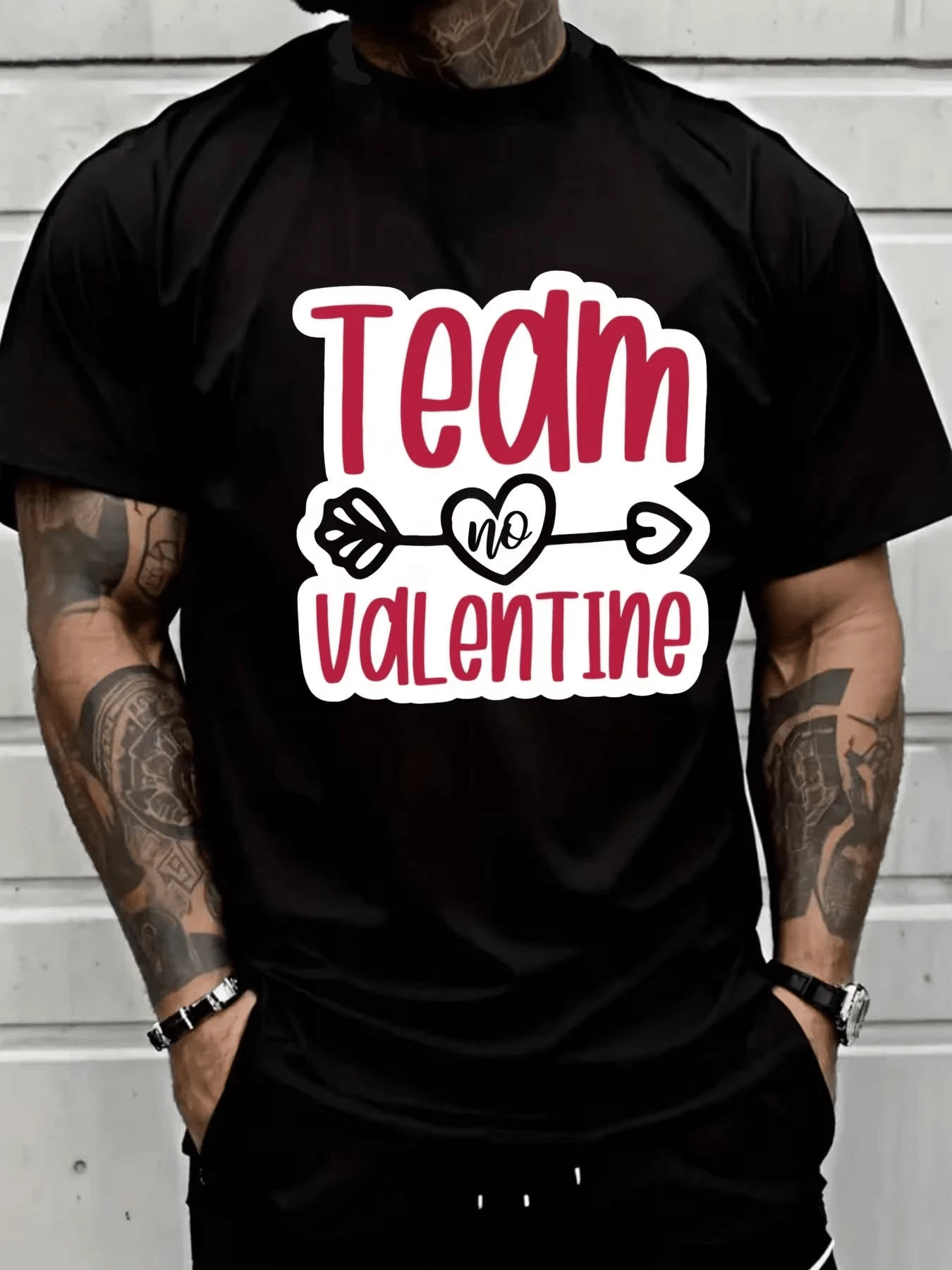 Funny Valentine, T-Shirt, Team No Valentine Pfeil Herz Grafik Muster, Kurzarm Damen Tops - Schwarz - Übersicht 1