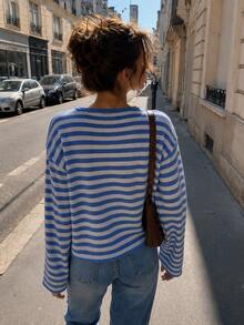 Women's Striped Knit Cardigan, Long Sleeve Round Neck Button-Front Top, Drop Shoulder Regular Hem, Medium Stretch For Spring Outfits - Multicolor - View 4
