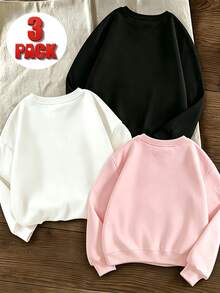 3pcs-Tween Girl 3-Piece Set Casual Fun Print Crew Neck Long Sleeve Sweatshirt Autumn/Winter Top - Black - View 2