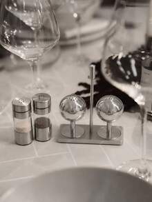 3pcs/1set Stainless Steel Salt And Pepper Shaker Set With Base, Refillable Spherical Seasoning Containers For Kitchen, Dining Table, Restaurant, Back To School, Saudi National Day, Christmas, Halloween, Wedding And Party - Multicolor - View 8