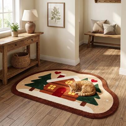 1pc Vintage Winter Cabin Pine Tree Faux Cashmere Rug, Soft And Skin-Friendly, Machine Washable, Bedroom Bedside Living Room Atmosphere Plush Carpet, Autumn/Winter New Hot-Selling Item, Skin-Friendly Soft Fabric, Easy Care With Machine Wash, Suitable For Halloween And Christmas Atmosphere Decor, Party Decoration, Holiday Celebration Supplies, Halloween Theme Trick Or Treat Scene, Holiday Gift, Creating Cozy Autumn/Winter Home Atmosphere