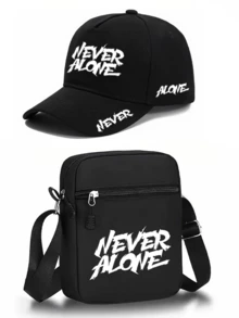 1件/2件裝「Never Alone」標語字母圖案印花中性彎帽簷棒球帽與斜跨包，街頭時尚戶外運動棒球帽與包，可調節，送給自己或朋友的禮物 - 彩色 - 查看 12