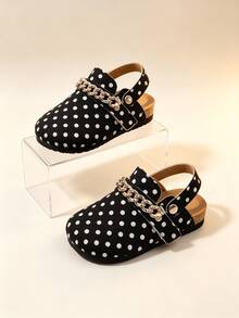 1 Pair Kids Polka Dot Canvas Buckle Half-Slingback Sandals, Adjustable Gold Rhinestone Chain Snap Strap, Anti-Slip Cork Sole, Versatile Casual Shoes For Home And Outdoor, Fashionable Dual-Use, Can Be Worn As Sandals Or Slippers - White - View 11