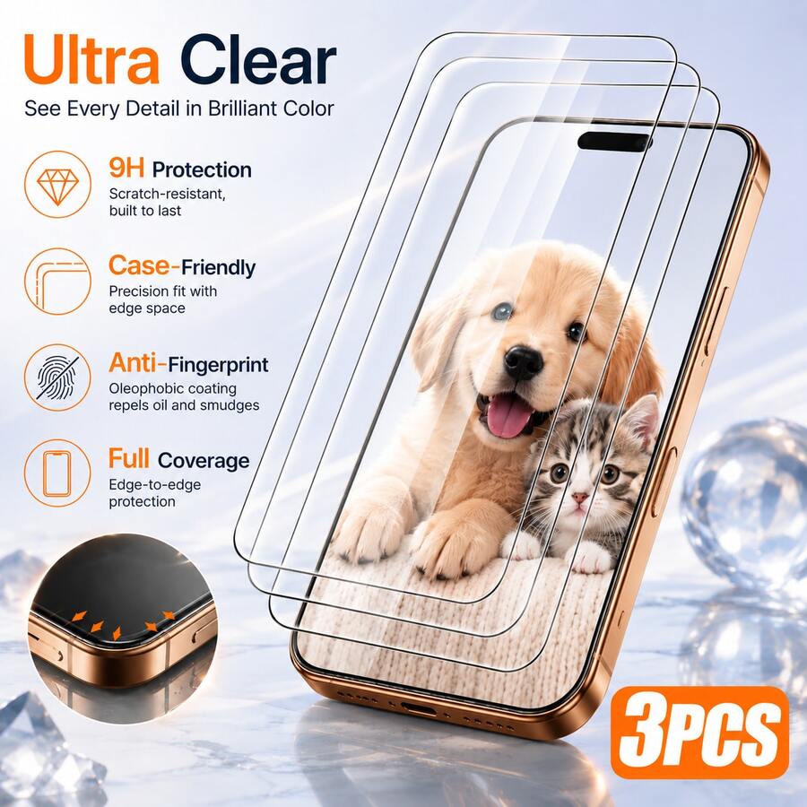 3PCS 9H Tempered Glass Screen Protector For IPhone 17/16 Pro Max/16 Pro/16 Plus/16/15 Pro Max/15 Pro/15 Plus/15/14 Pro Max/14 Pro/14 Plus/14/13 Pro Max/13/12 Pro Max/12/11 Pro Max/11/XR/XS Max/XS, Ultra Clear HD Glass, Full Screen Coverage, Anti-Fingerprint, Scratch Resistant, Bubble-Free Installation, Smooth Touch, Slim Case Compatible Fit - Clear - View 1