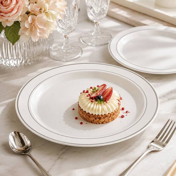 10/25/50 Pack 10.25" & 7.5" White Double Silver Rim Round Dinner Plates, Food Trays For Appetizer Dessert Serving, Wedding Reception Dinnerware, Halloween Thanksgiving Autumn Harvest, Table Setting Serveware For Hosts Guests Entertaining