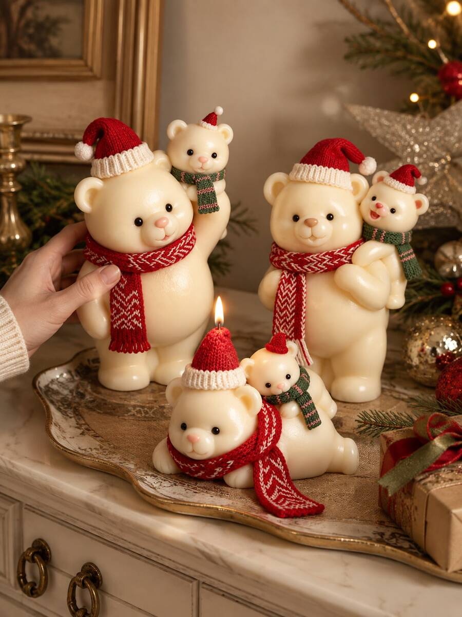 1pc Cute Christmas Parent-Child Bear Silicone Mold, Bear Shape Mold With Hat And Scarf, Suitable For Aromatherapy Candles, Handmade Soap, Plaster And Epoxy Resin Crafts - Silicone Candle Mold - View 1