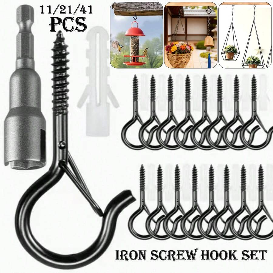 21/41 Piece Set Q-Type - Iron Ceiling Hook With Buckle - Rural Black Metal Wall Hanging Hook, Suitable For Outdoor String Lights, Lanterns, Christmas Decorations, Wind Chimes, Halloween - Easy To Install And Non-Destructive Disassembly