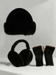 3Pcs Fuzzy Faux Fur Winter Hat Earmuffs Fingerless Gloves Set,Windproof Soft Stretchy Warm Accessory For Women Girls,Y2K Style For Christmas New Year - Multicolor - View 2