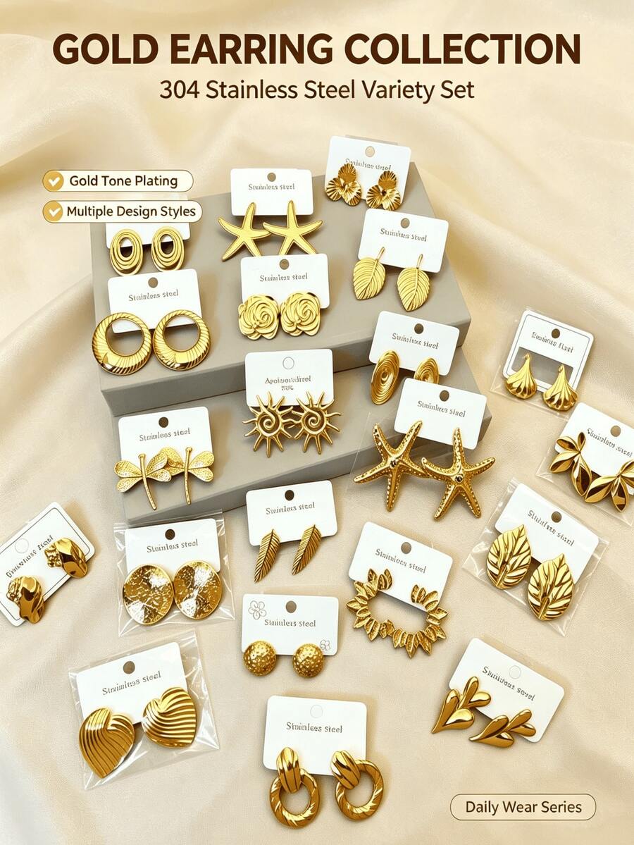 2/9/16 Pairs Gold-Plated Stainless Steel Stud Earrings Set, Leaf Flower Shell Geometric Designs, Women's Daily Wear, Halloween Accessories, Women's Autumn Accessories - Gold - View 1
