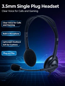Logitech Headphone over-ear berkabel dengan suara stereo, mikrofon peredam kebisingan, mikrofon yang dapat disesuaikan, panggilan waktu nyata, ringan dan nyaman dipakai, serta jack kabel tunggal 3,5 mm. - View 3