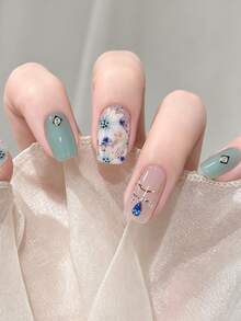 1 Sheet Sweet-Style Full-Coverage Nail Stickers. These Stickers Feature Solid Colors In Mint Green, Clear, And Pink, Accented With Floral Elements And Various Rhinestones, Making It Easy For Women And Girls To Create Beautiful Manicures. - Mint Green - View 3