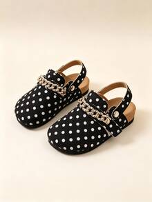 1 Pair Kids Polka Dot Canvas Buckle Half-Slingback Sandals, Adjustable Gold Rhinestone Chain Snap Strap, Anti-Slip Cork Sole, Versatile Casual Shoes For Home And Outdoor, Fashionable Dual-Use, Can Be Worn As Sandals Or Slippers - White - View 4