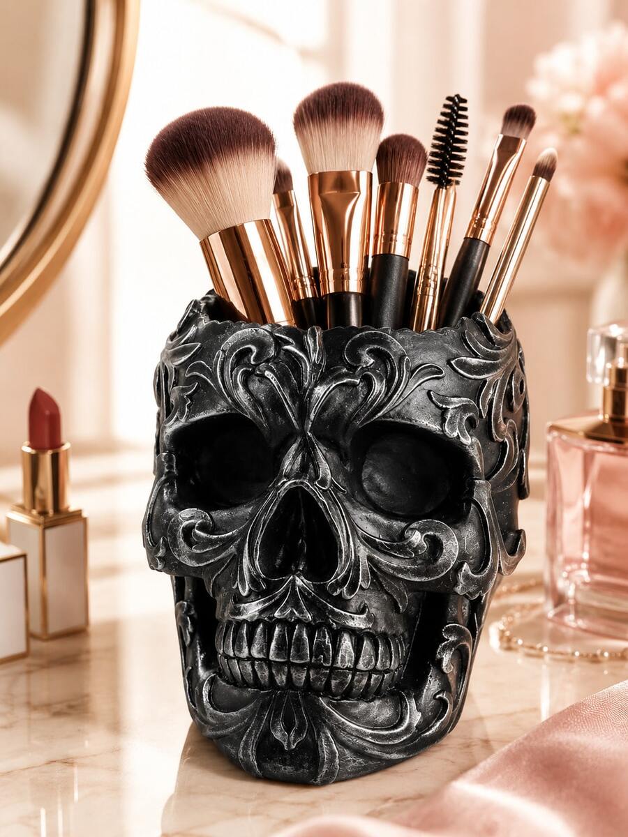 Skull Victorian Gothic Decorative Storage Cylinder | Gothic Bathroom Supplies, Black Desktop Storage Boxes And Accessories | Gothic Halloween Desktop Decoration - 3.35 Inches - A - View 1