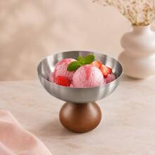 1pc Stainless Steel Ice Cream Cup, Dessert Bowl, Round Wooden Base Pudding Cup, Salad Fruit Yogurt Cup, Suitable For Party Use - Silver - View 5