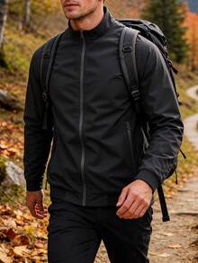 Men's Lightweight Outdoor Jacket With Stand Collar, Side Zipper Pockets, Ribbed Hem, Suitable For Spring/Autumn, Daily Wear, Sports, Travel - Black - View 1